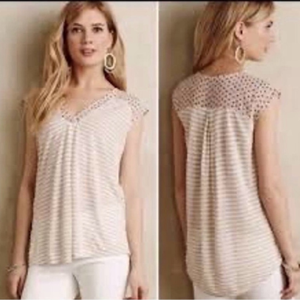 Anthropologie Little Yellow Button Tan Stripe Hi Lo Tunic Popover Top Large EUC